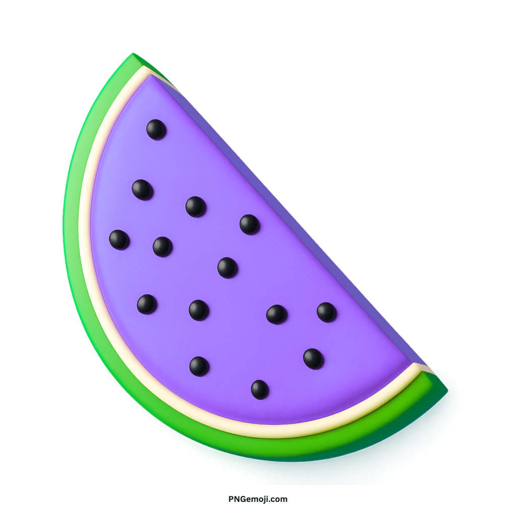 Purple watermelon emoji slice with black seeds and green rind on transparent background