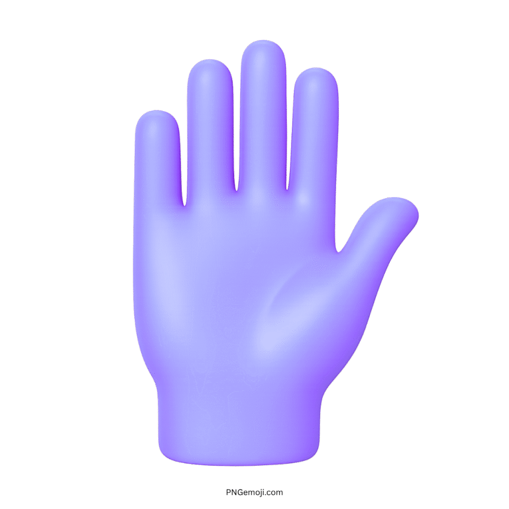 Purple raised hand emoji in 3D style showing open palm gesture on transparent background