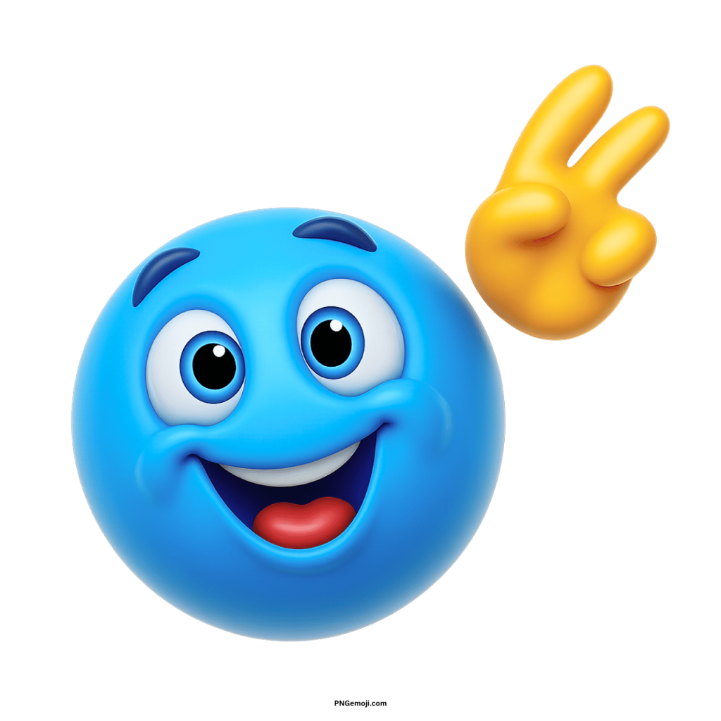 Blue smiley emoji reaching up with happy face and peace hand gesture