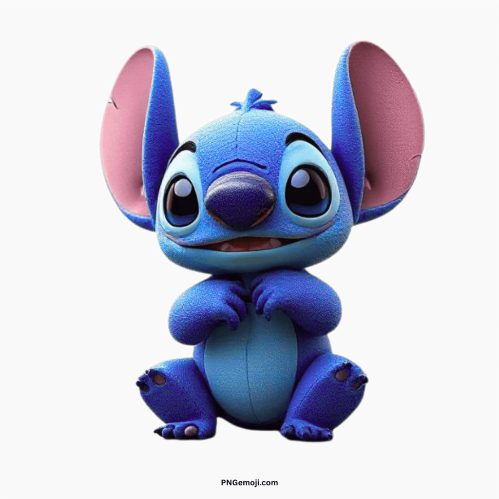 Realistic cute Stitch PNG transparent Disney clipart of blue alien sitting with big ears and happy smile