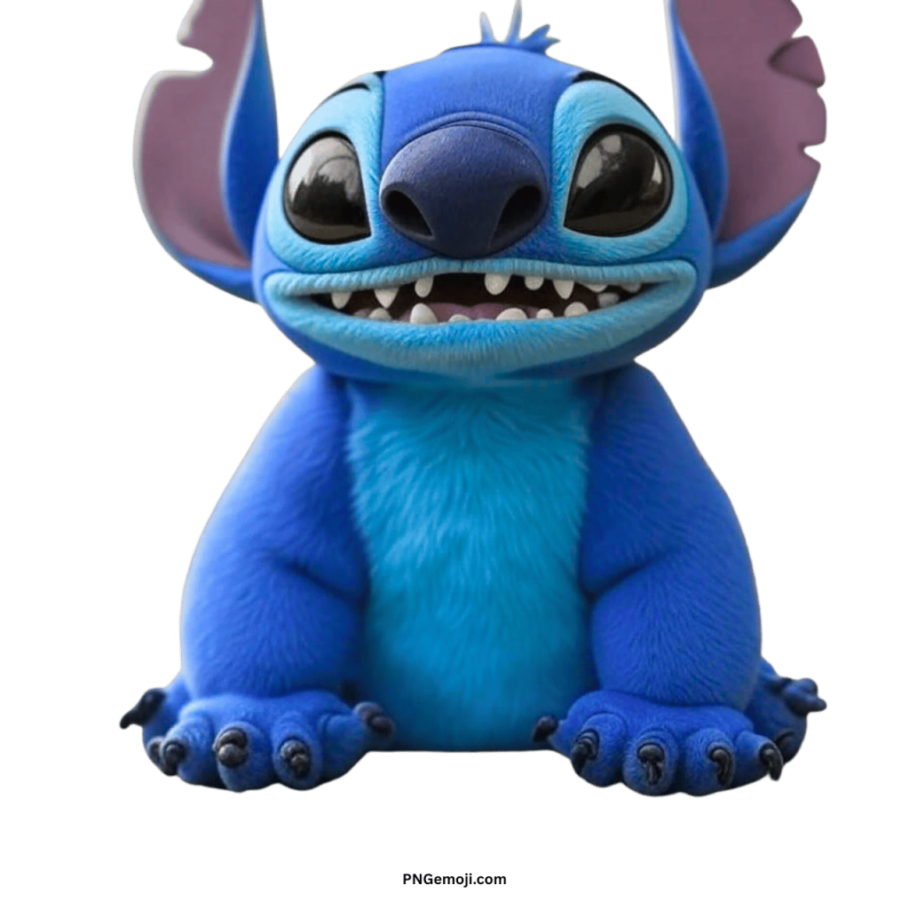 Realistic Stitch PNG ClipArt blue alien character smiling with big eyes on transparent background illustration