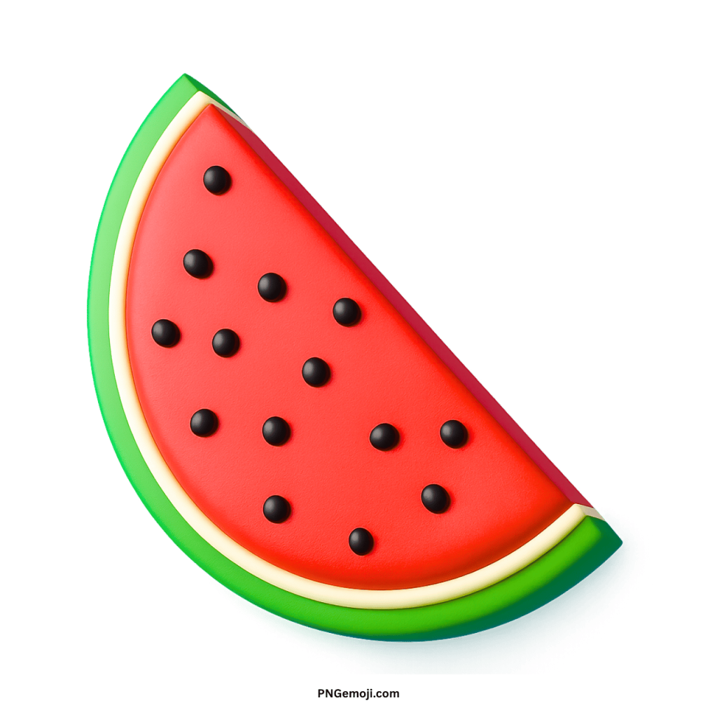 Red watermelon emoji slice with black seeds, classic fruit design in modern 3D style