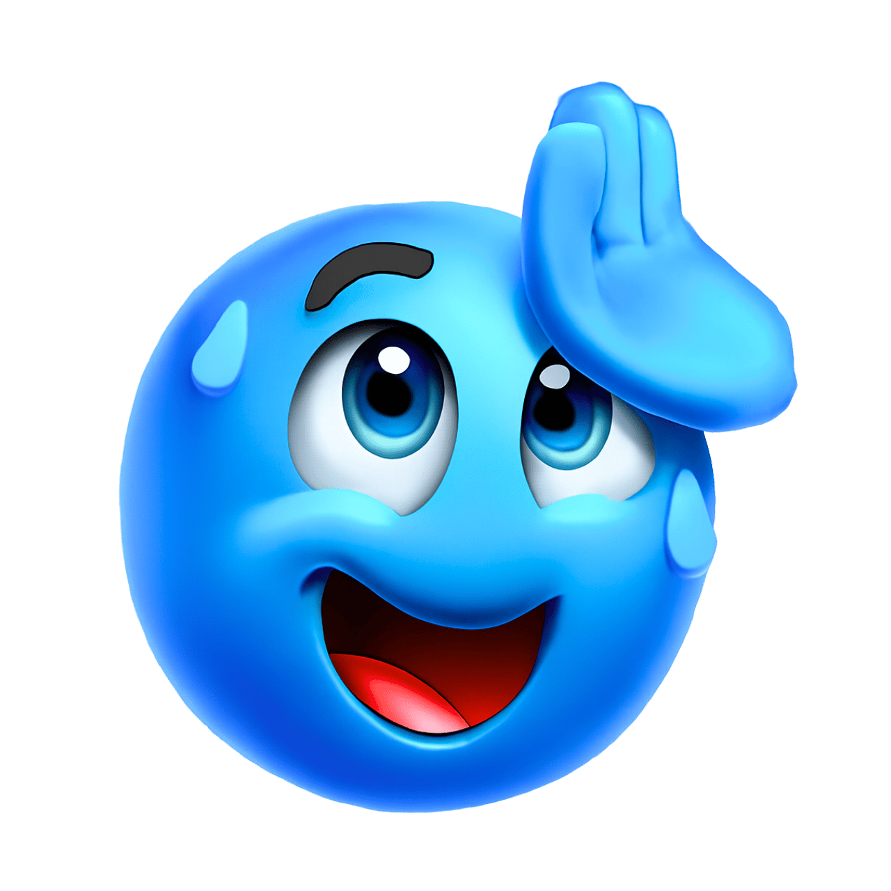 Blue relieved smiley emoji with a hand on its forehead, expressing happiness and relief.