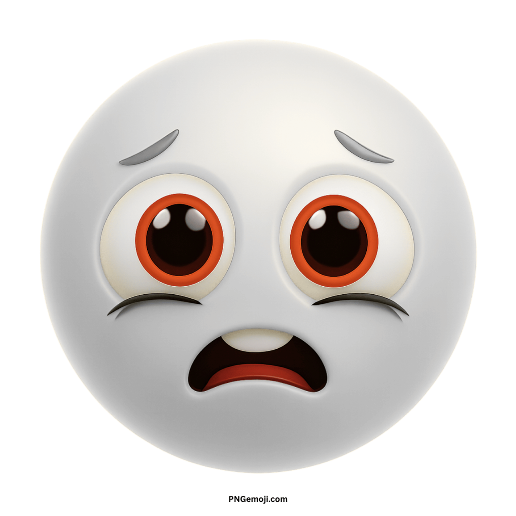Sad animated white emoji face with big eyes showing worried scared emotional expression