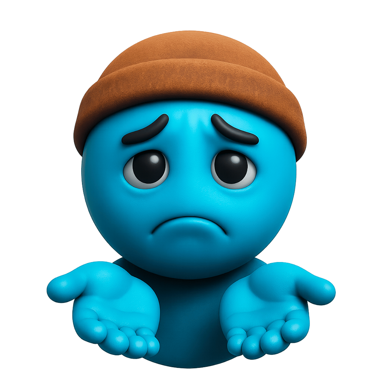 Blue sad beggar emoji showing empty hands with hat expressing helplessness and need