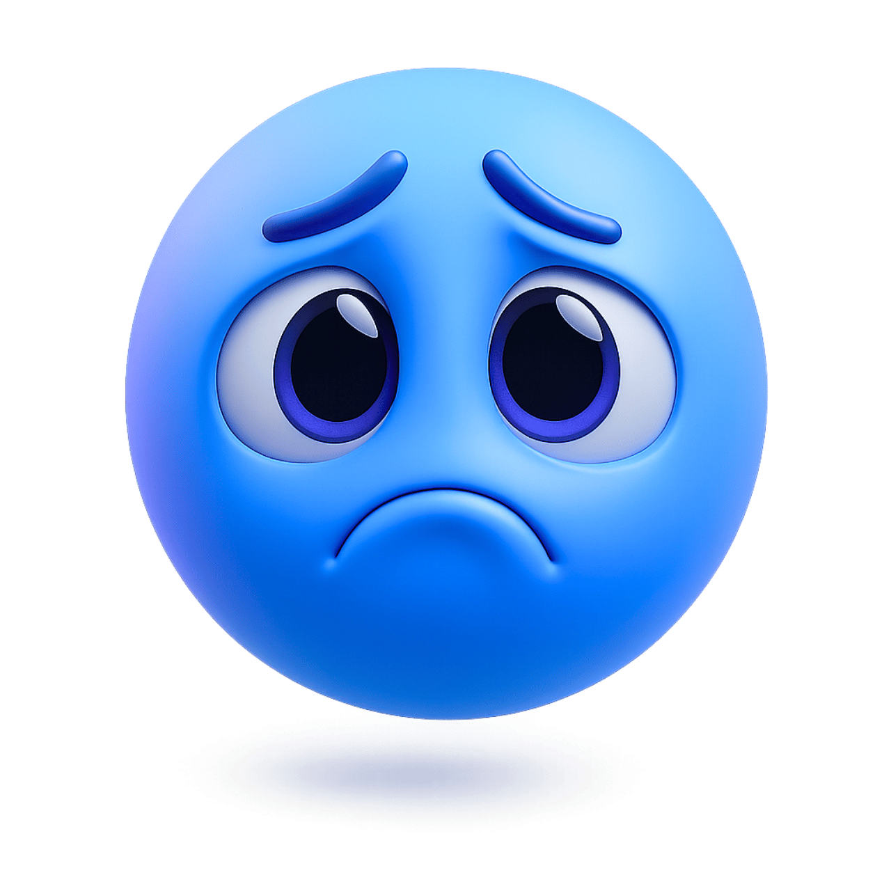 Blue sad emoticon emoji with big eyes and crying face expression transparent background