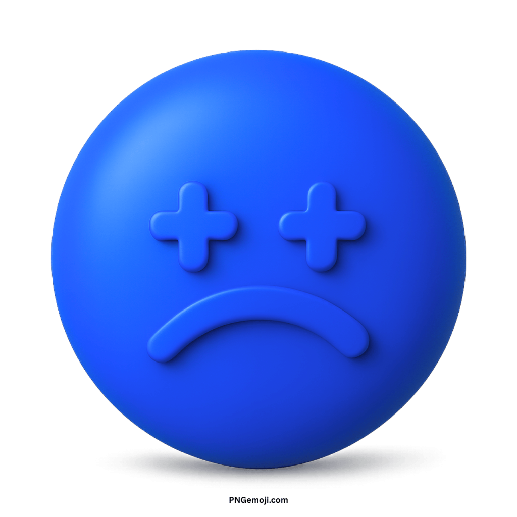Sad lonely blue emoji face with cross eyes and frown expression for emotions