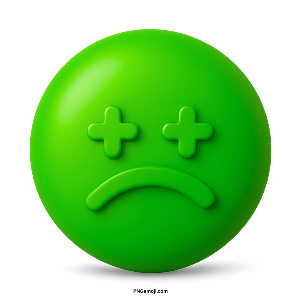Sad lonely emoji green face with frown and cross-shaped eyes showing emotional pain