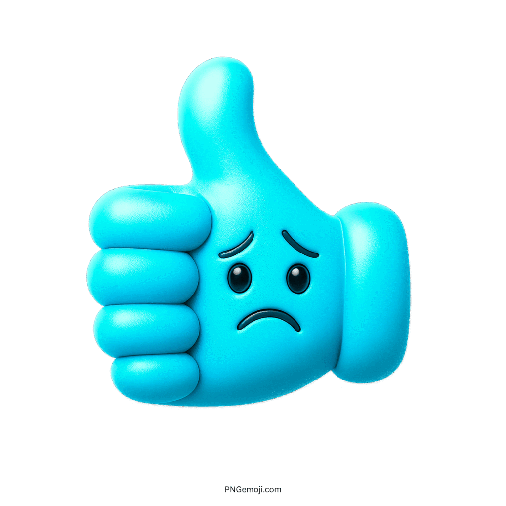 3D blue thumbs up emoji with sad face, symbolizing conflicted emotions.