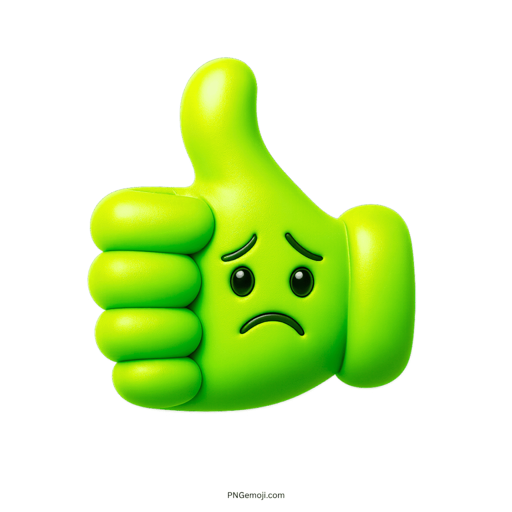  3D green thumbs up emoji with sad face, expressing mixed feelings.