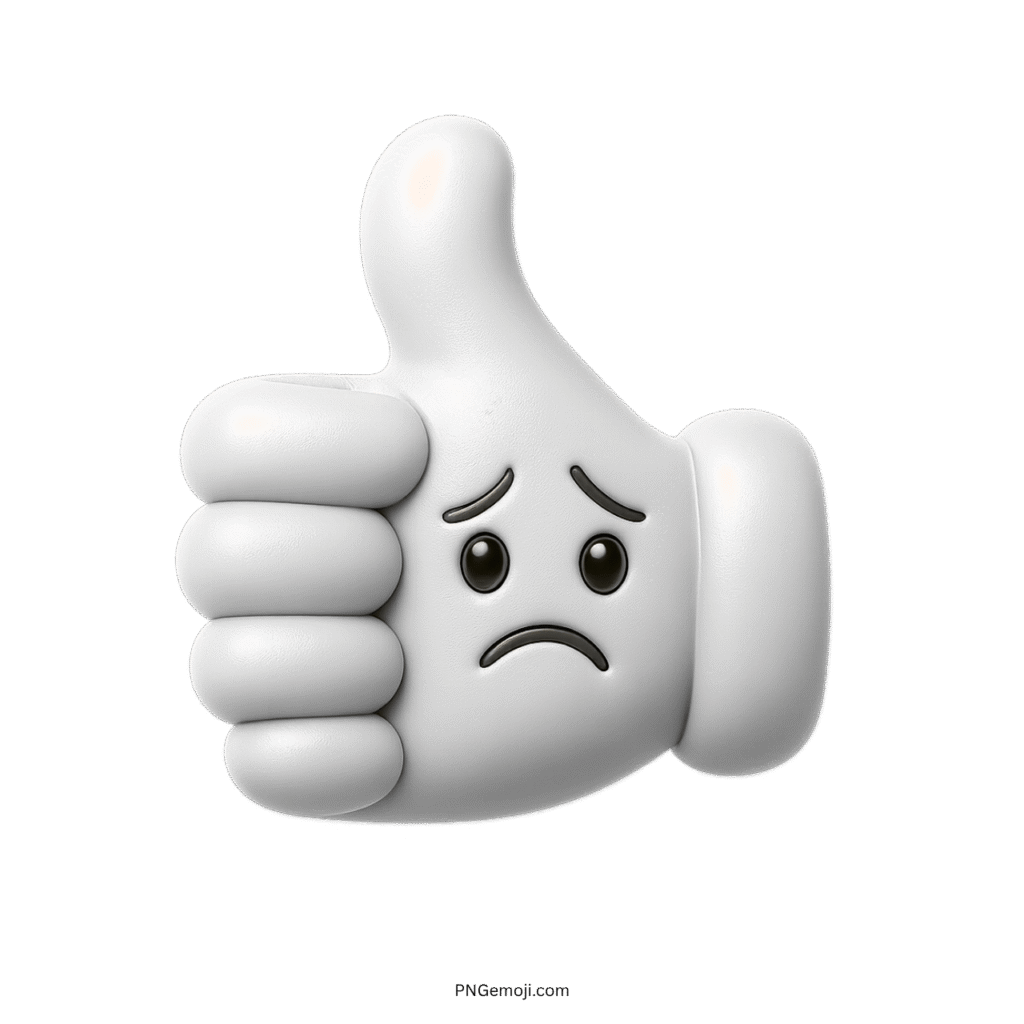 3D white thumbs up emoji with sad face, expressing mixed emotions.