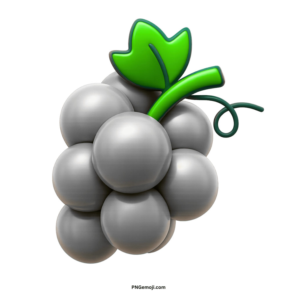 Glossy silver gray grapes emoji cluster with green leaf, shiny fruit PNG symbol