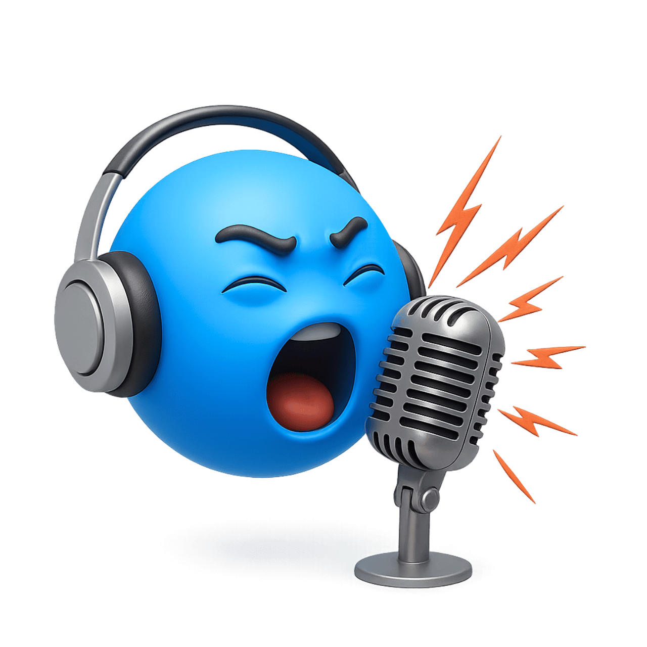 3D sing it loud emoji with blue face, headphones and vintage microphone