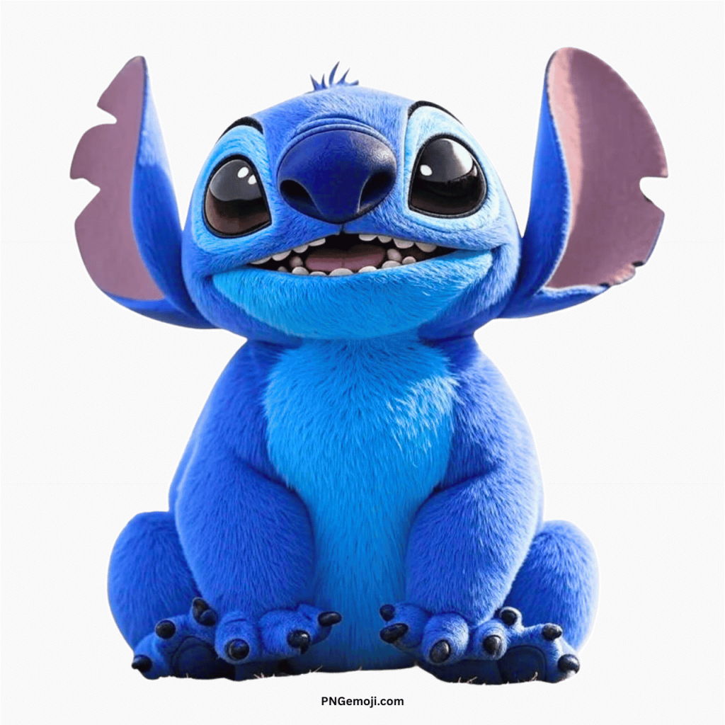 Cute Stitch PNG ClipArt vector with blue fur, big ears, smiling face, and transparent background