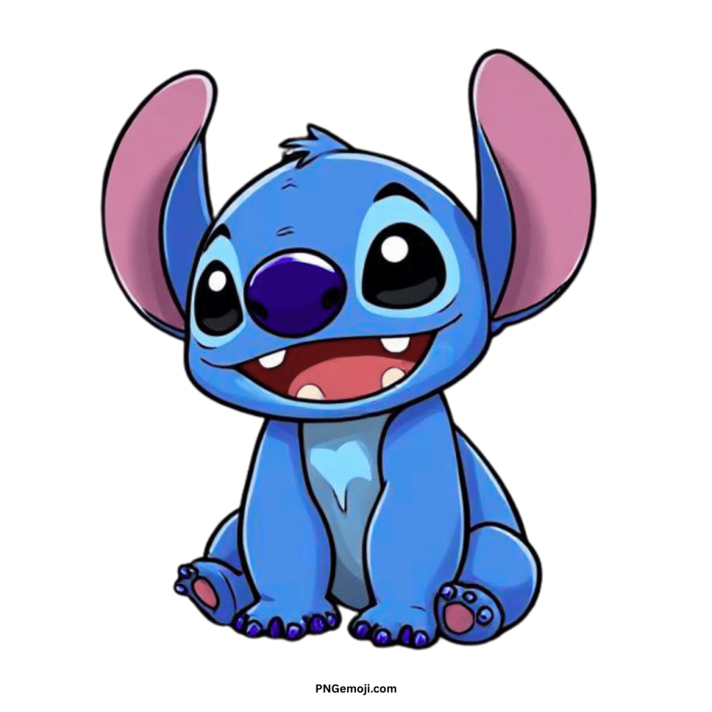Cute Stitch cartoon PNG ClipArt with big ears, smiling face, blue fur, and transparent background