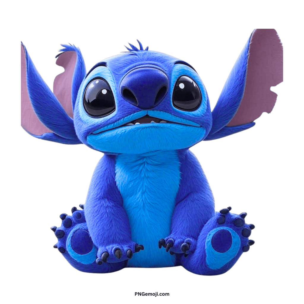Cute Stitch PNG ClipArt with big shiny eyes, blue fur, large ears, and transparent background