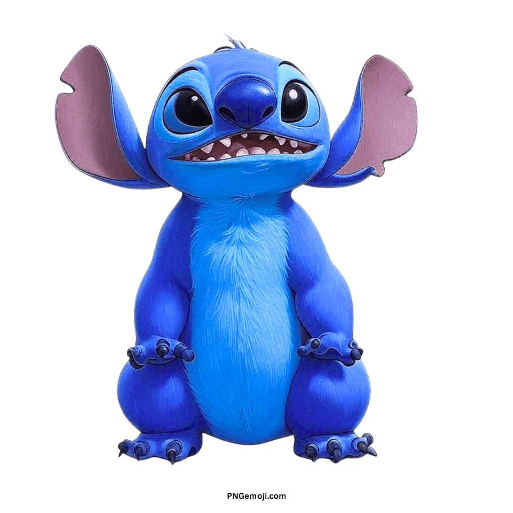 Smiling Stitch PNG transparent clipart vector Disney character with fluffy blue fur and big ears