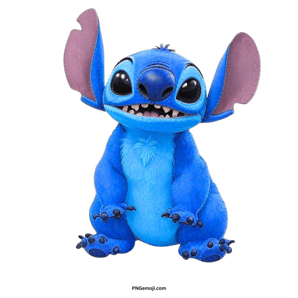 Smiling Stitch PNG transparent clipart Disney character with big ears, fluffy fur, and wide black eyes