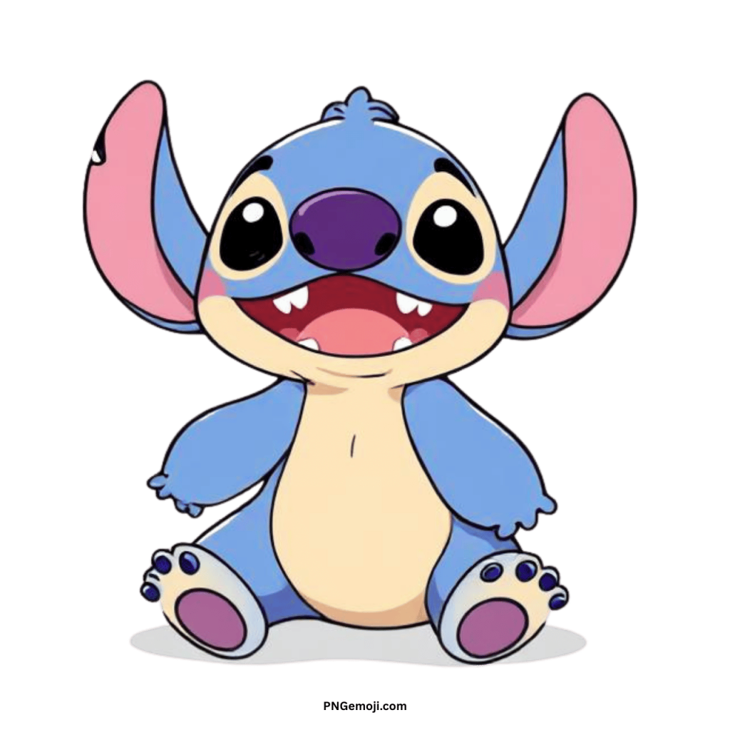 Adorable Stitch PNG cartoon with transparent background, smiling with open mouth and playful pose.