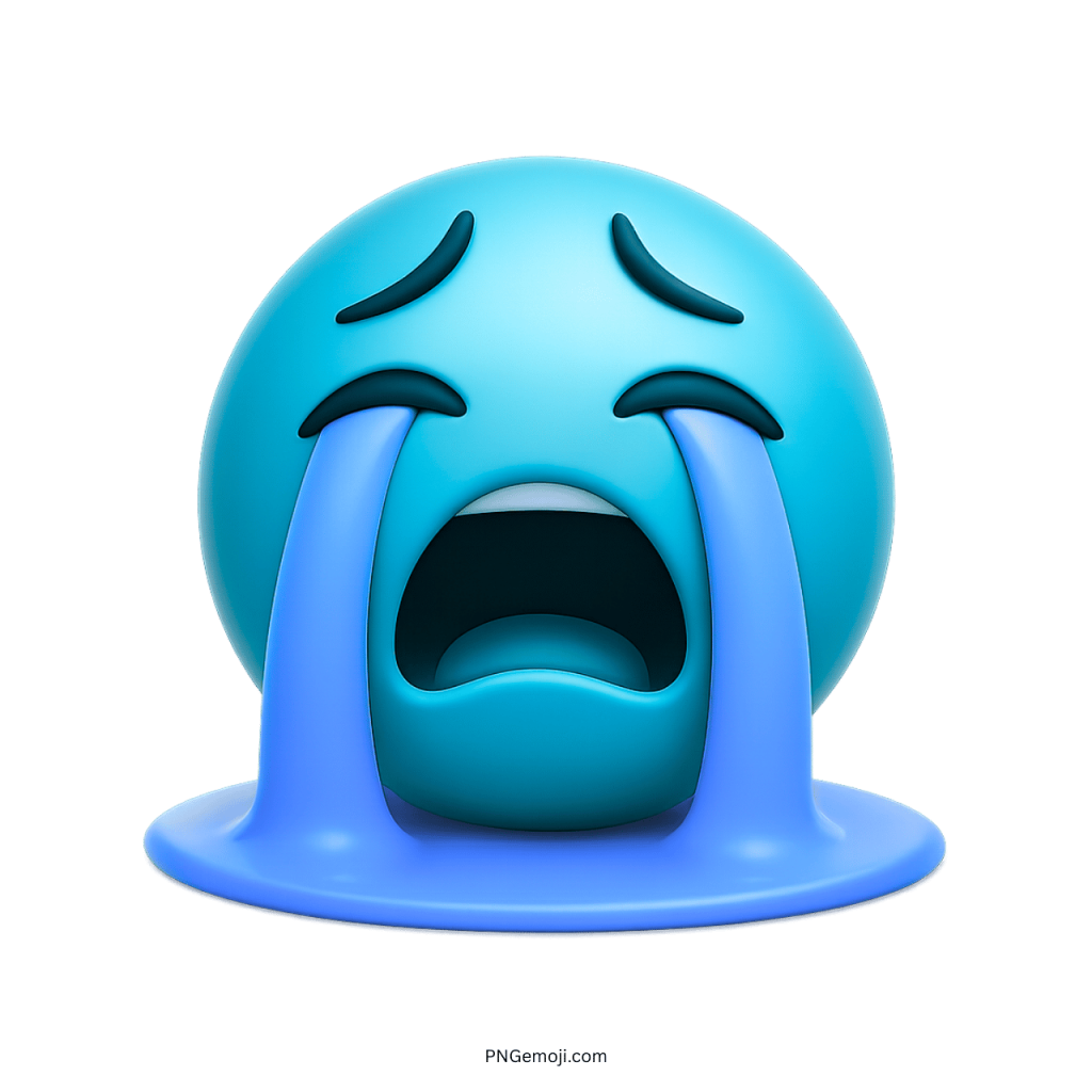 teal blue 3d emoji crying loudly with giant blue tears puddling