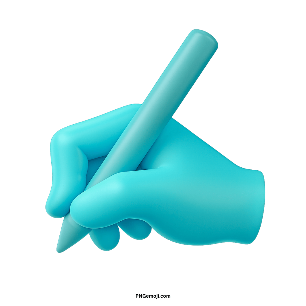 3D teal hand holding pen emoji symbolizing writing, creativity, and digital communication