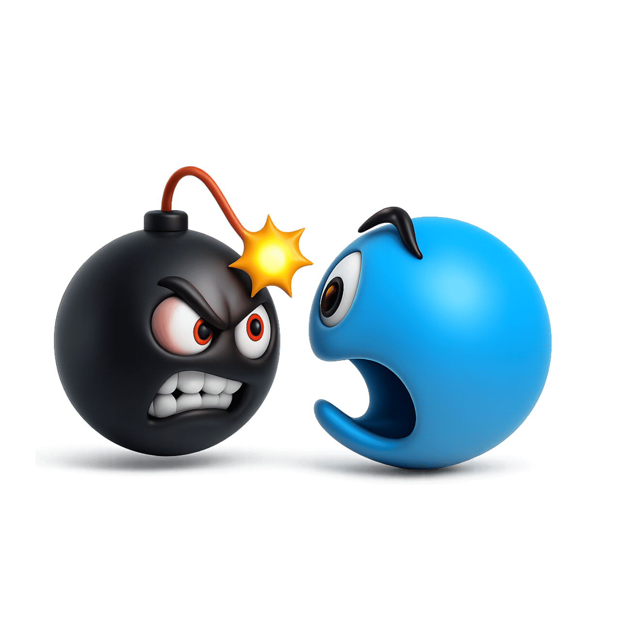 3D ticking time bomb emoji facing scared blue emoji with intense expressions