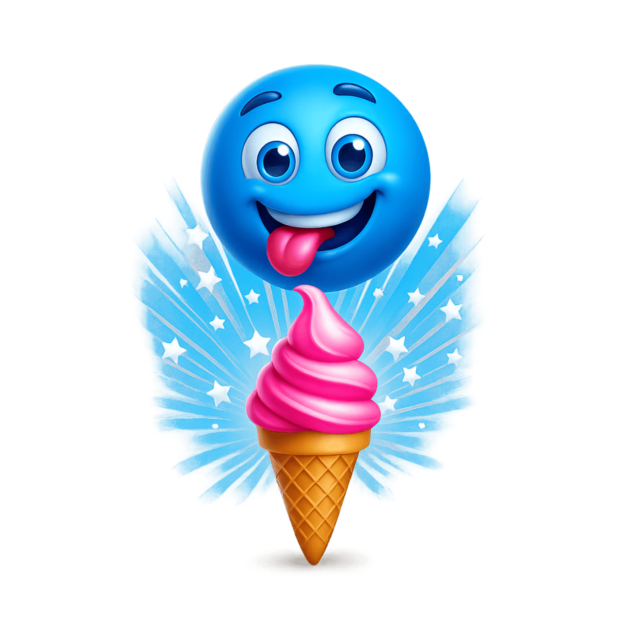 Blue emoji face with pink ice cream cone and sparkling star background illustration