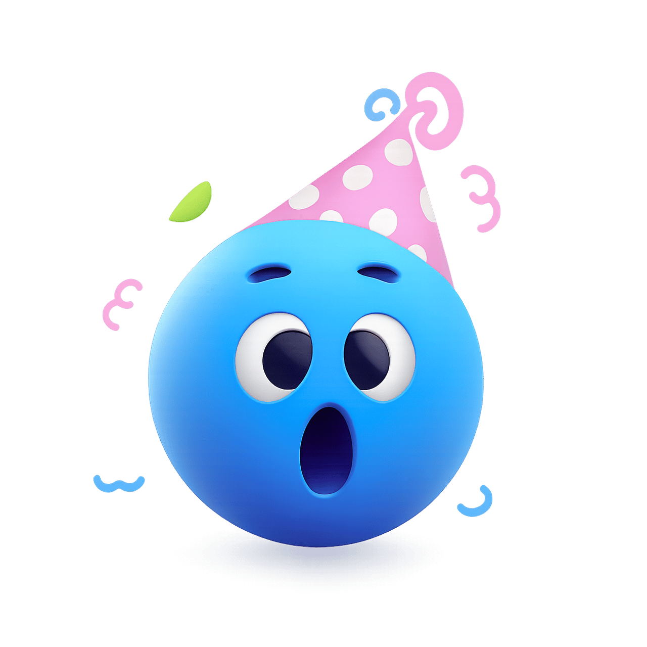 A surprised blue ball emoji wearing a party hat surrounded by colorful confetti and party elements.