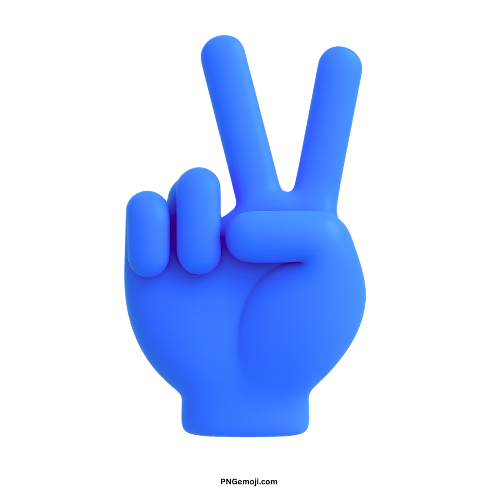 Blue 3D victory hand emoji showing peace sign gesture in modern digital style