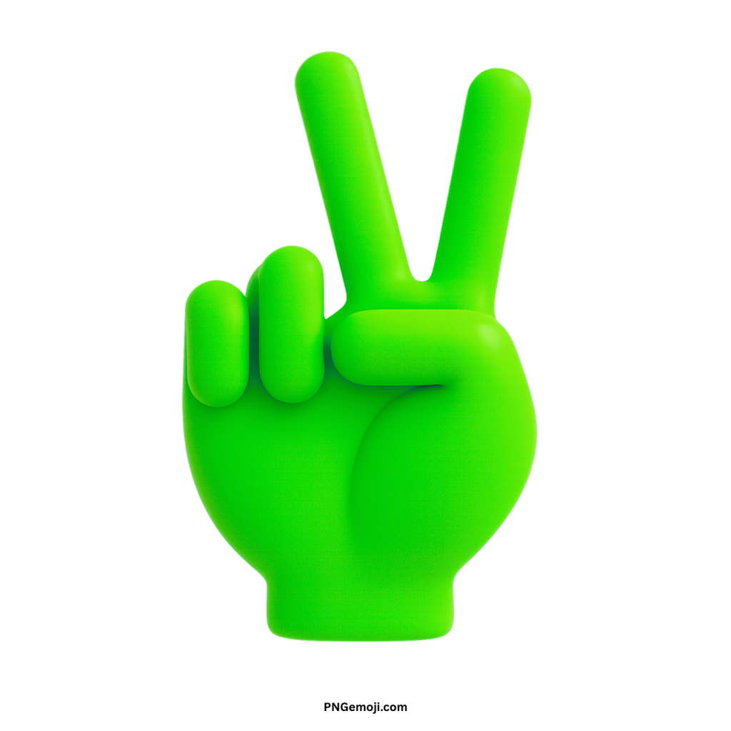 Green 3D victory hand emoji showing peace sign gesture in modern digital design