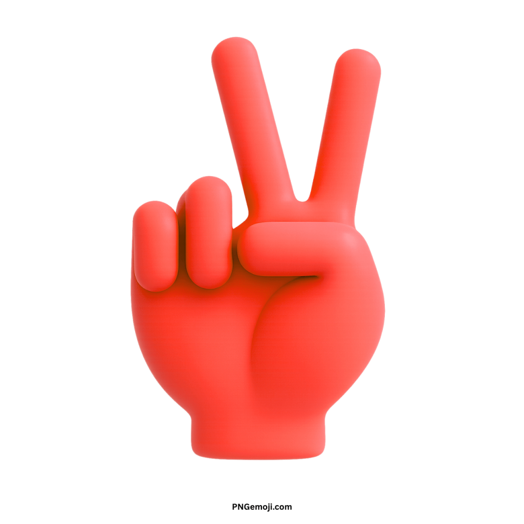 Red 3D victory hand emoji showing peace sign gesture in bold digital design