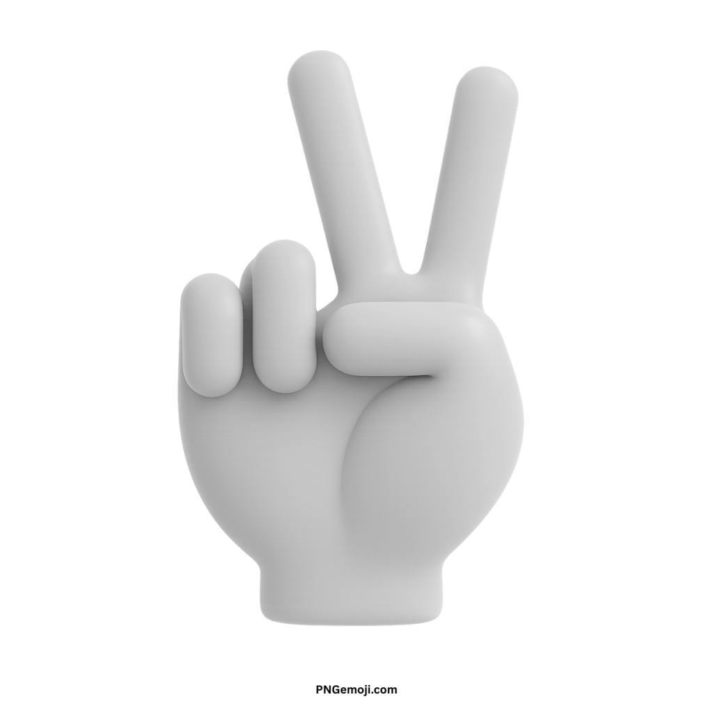 White 3D victory hand emoji showing peace sign gesture in minimal digital style