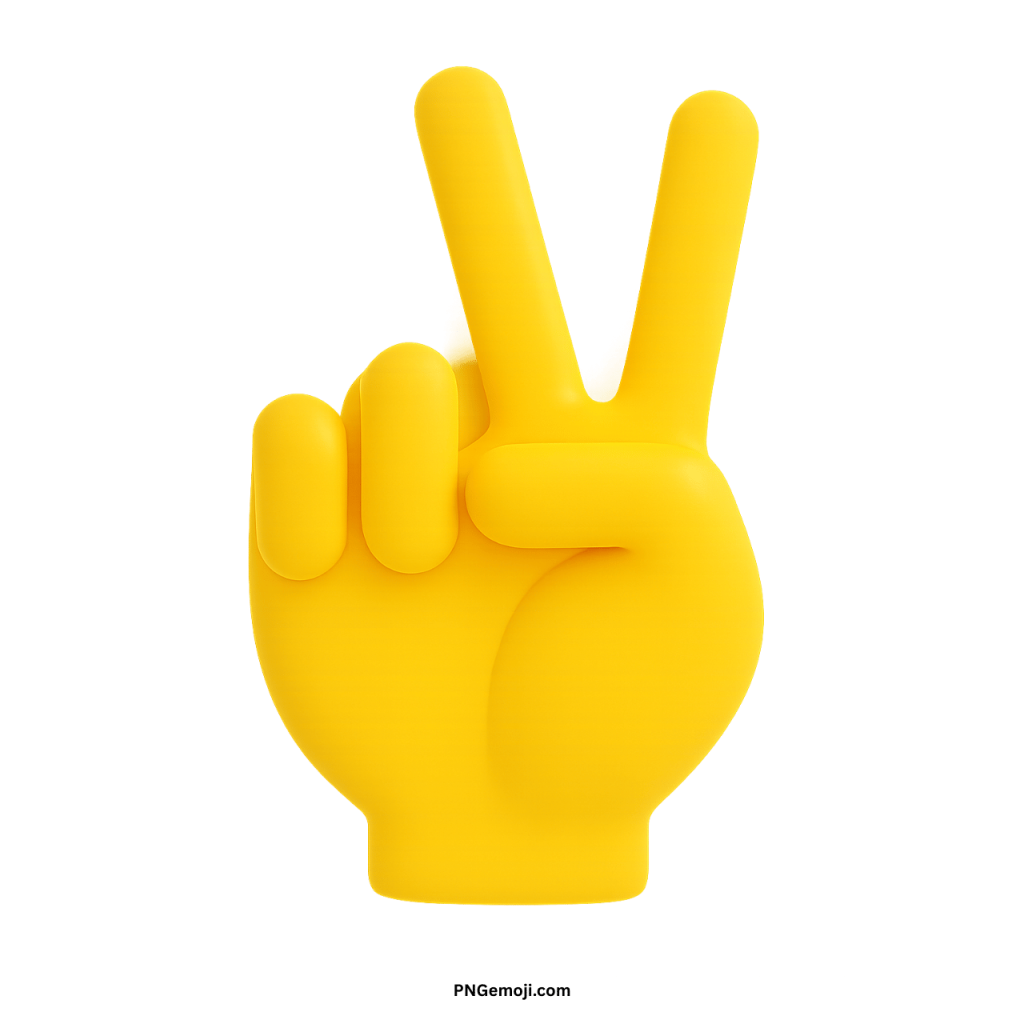 Yellow 3D victory hand emoji showing peace sign gesture in bold digital style