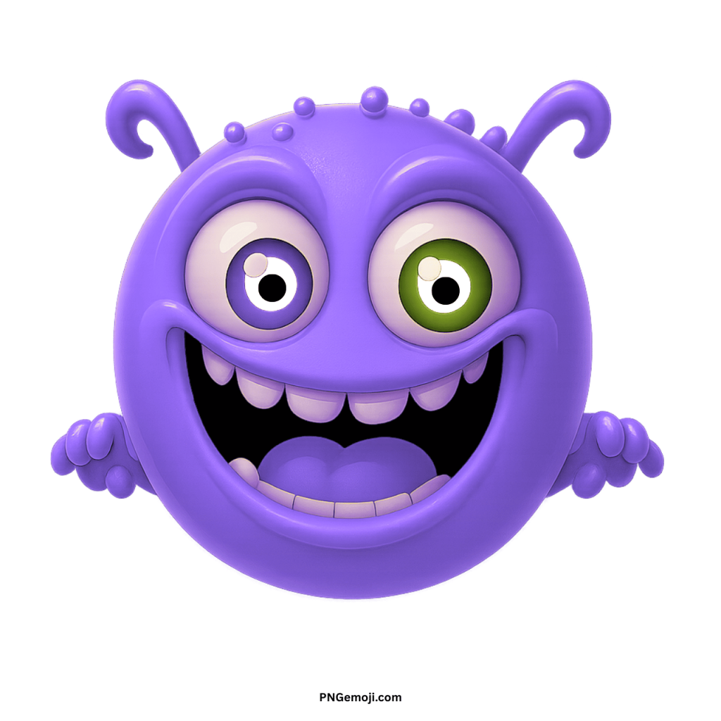 Violet alien monster emoji cartoon face with big eyes, wide grin, and funny expression