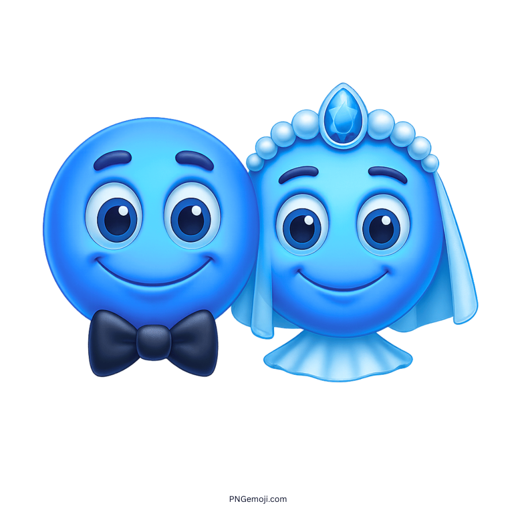 Blue wedded smiley emoji couple with bride veil and groom bow tie