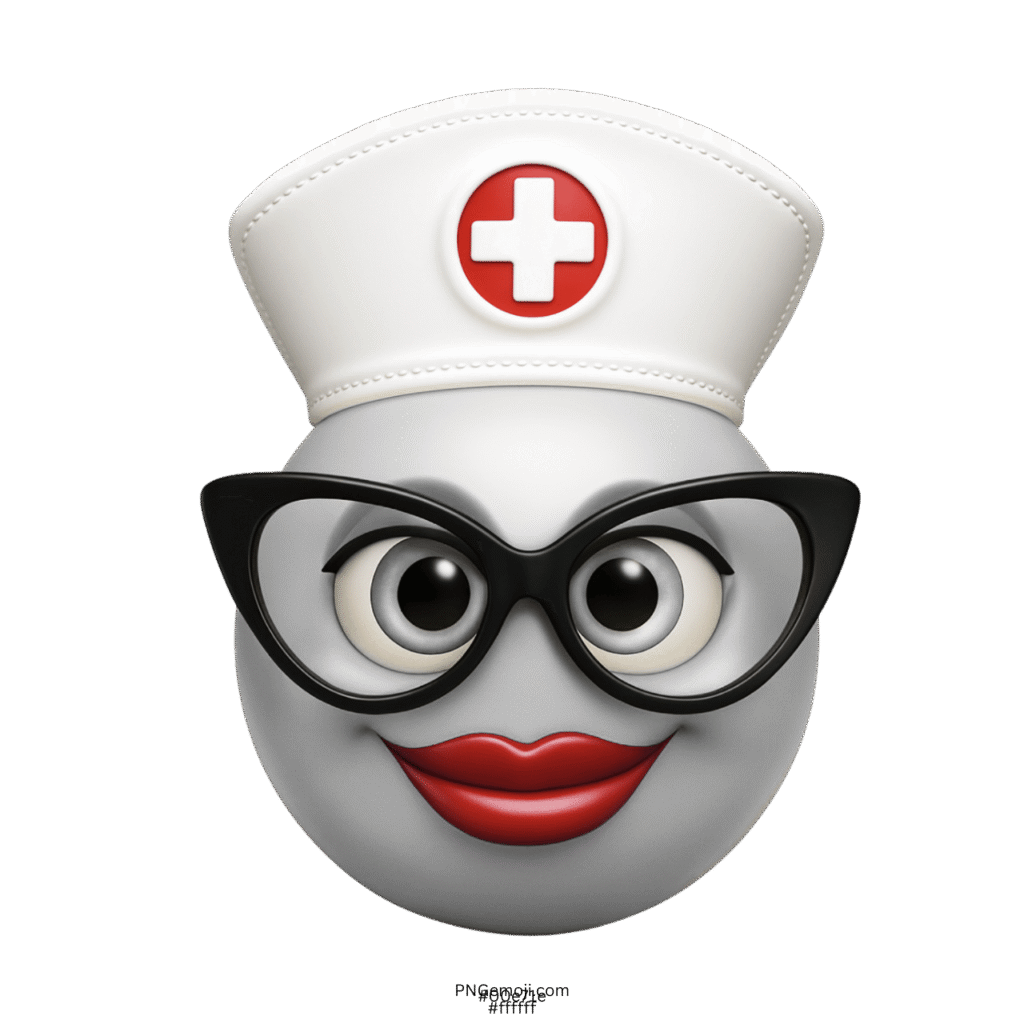 White nurse emoji face with black glasses red lips and nurse cap
