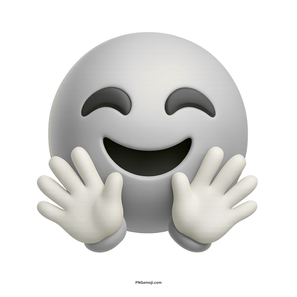 3D white smiling face with open hands emoji showing joy, hugs, and friendliness