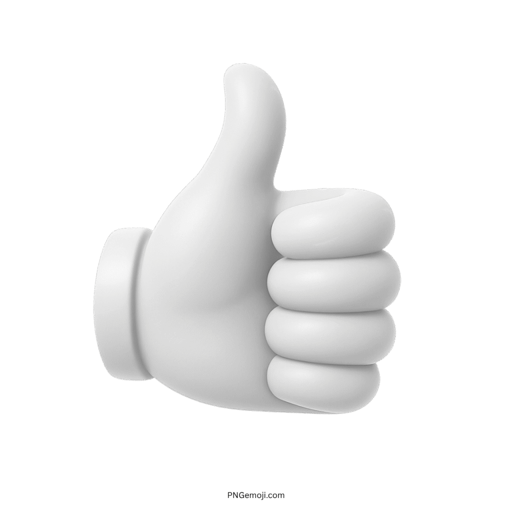 3D white thumbs up emoji gesture symbol on transparent background.