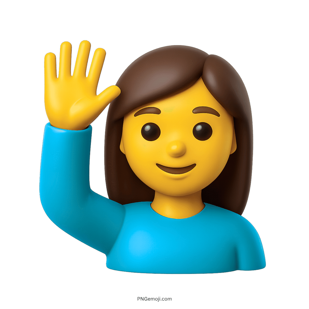 3D woman raising hand emoji with brown hair and blue shirt.