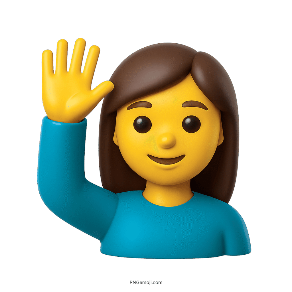 3D woman raising hand emoji with brown hair and blue shirt.