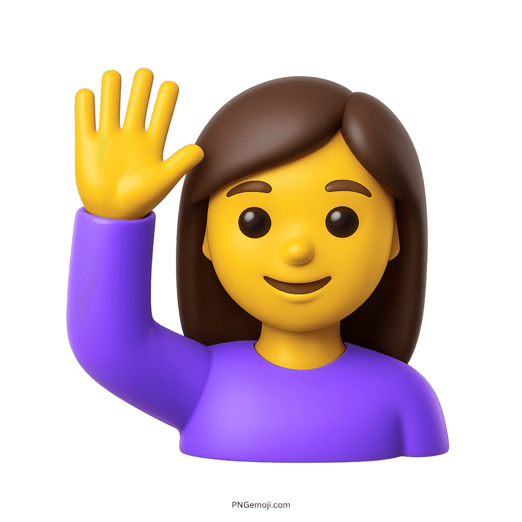 3D woman raising hand emoji with brown hair and lavender shirt.