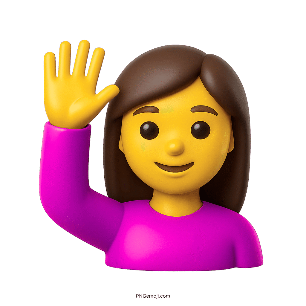 3D woman raising hand emoji with brown hair and purple shirt.