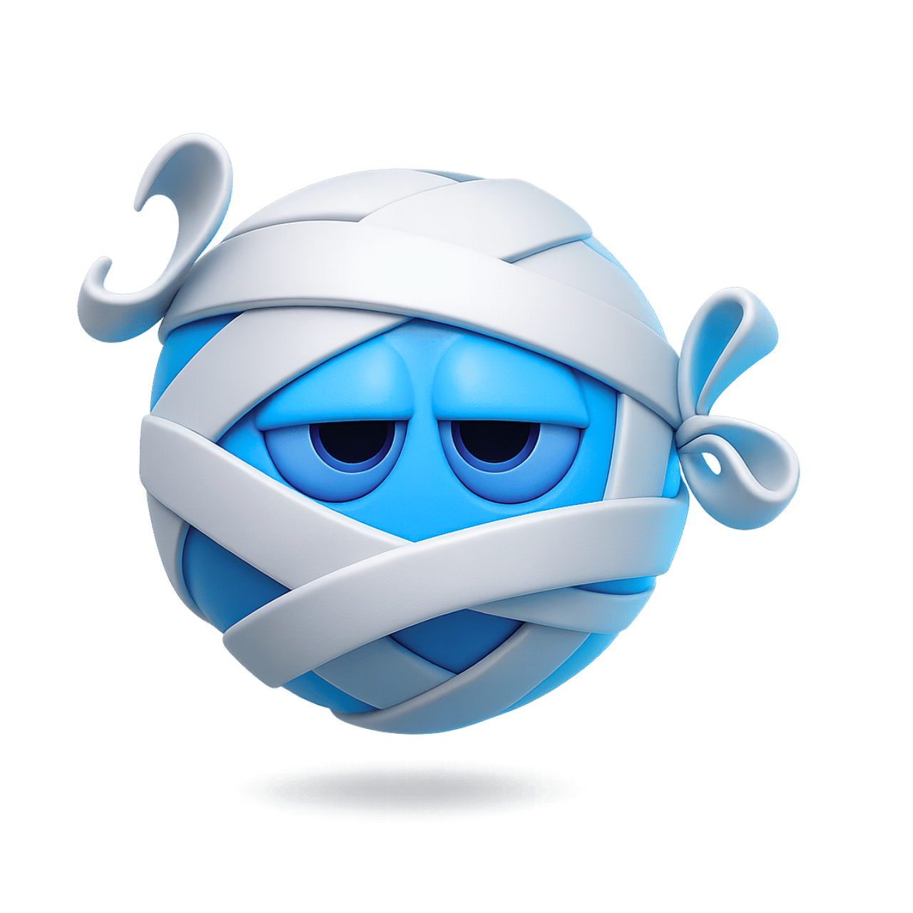Wrapped up blue emoji with white bandages showing sad and tired facial expression