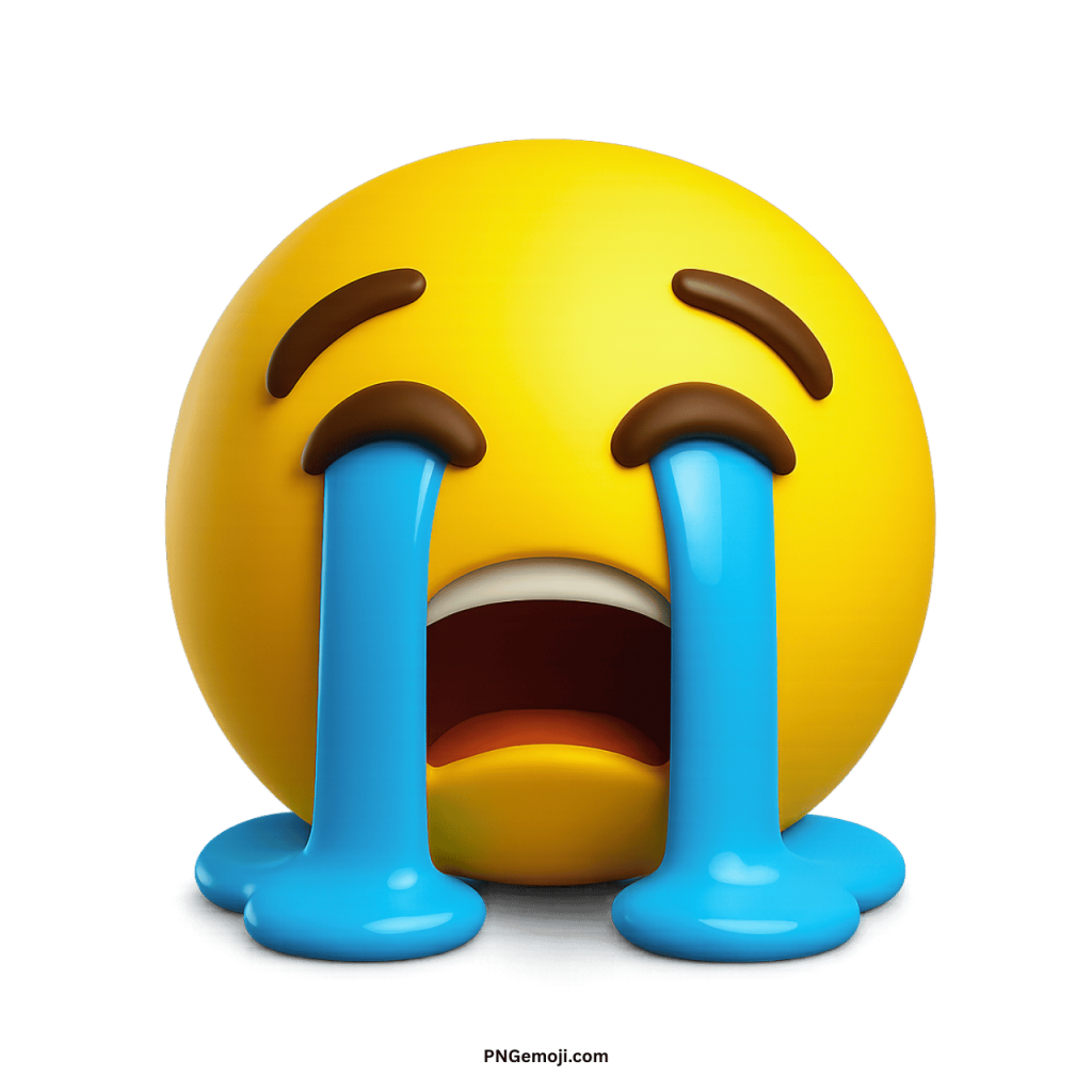 3D yellow crying emoji with large blue tears and sad emotional face