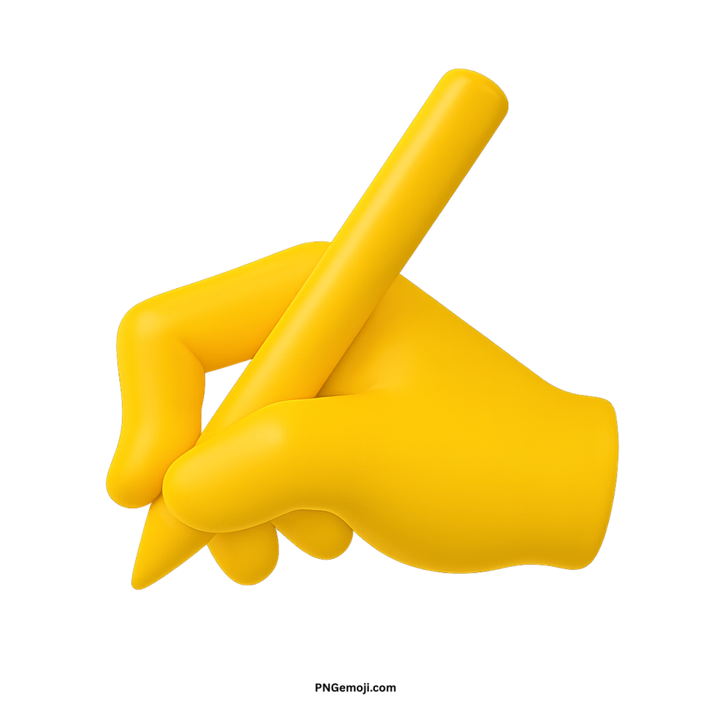 Yellow hand emoji holding pen symbol for writing, drawing, notes, or creativity.
