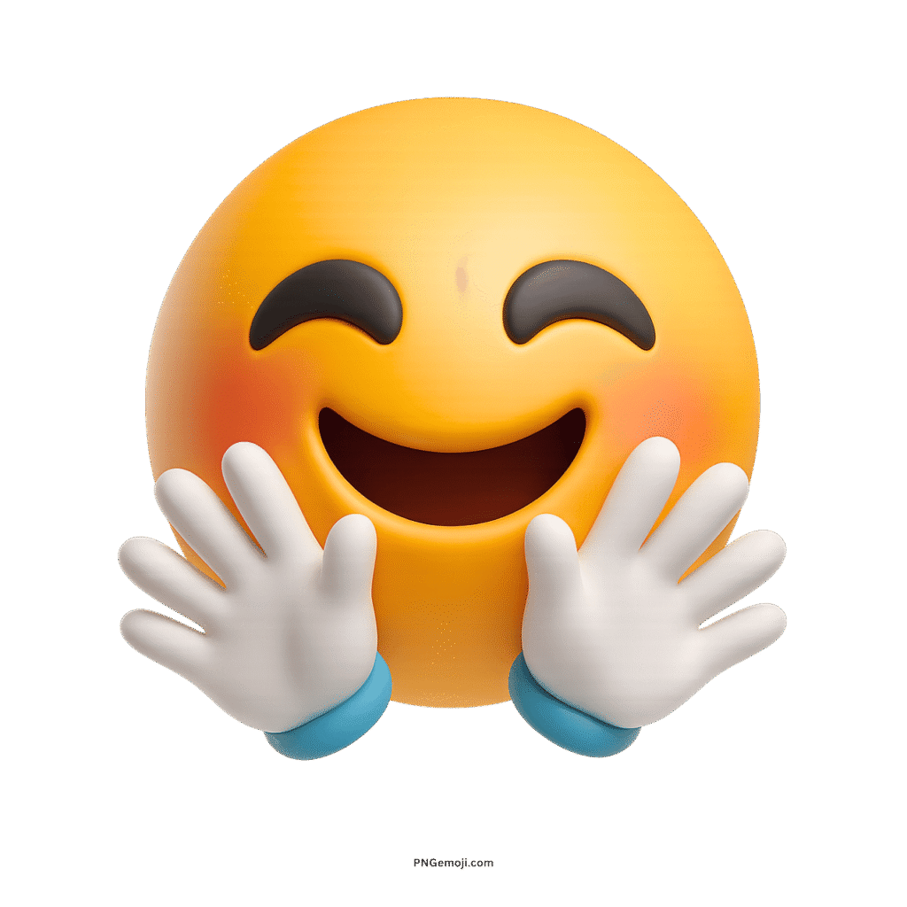 3D yellow smiling face with open hands emoji expressing joy, warmth, hugs, and positivity