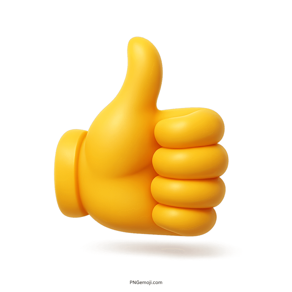 3D yellow thumbs up emoji gesture symbol on transparent background.