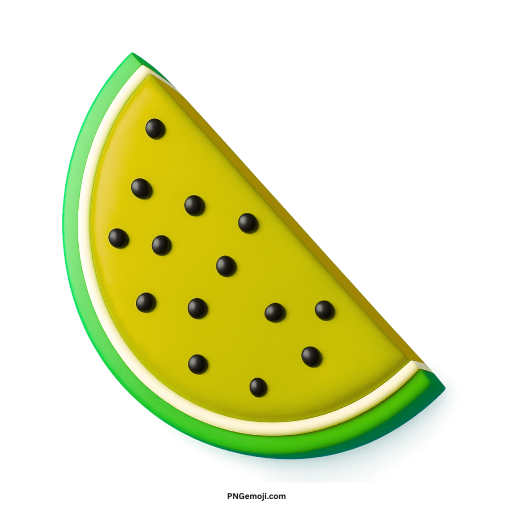 Yellow watermelon emoji slice with black seeds, vibrant fruit icon in modern 3D style