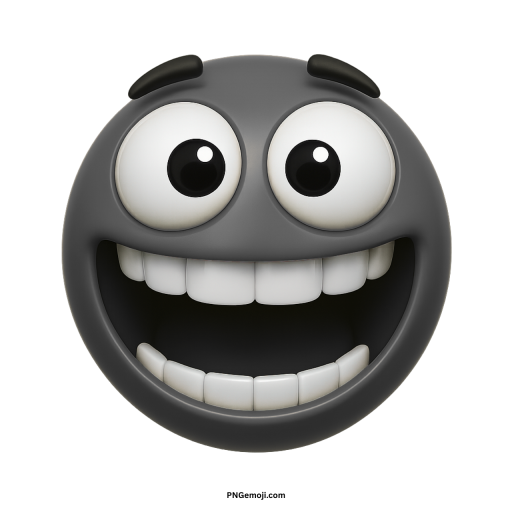 Zany black emoji with big eyes and wide toothy smile showing silly expression