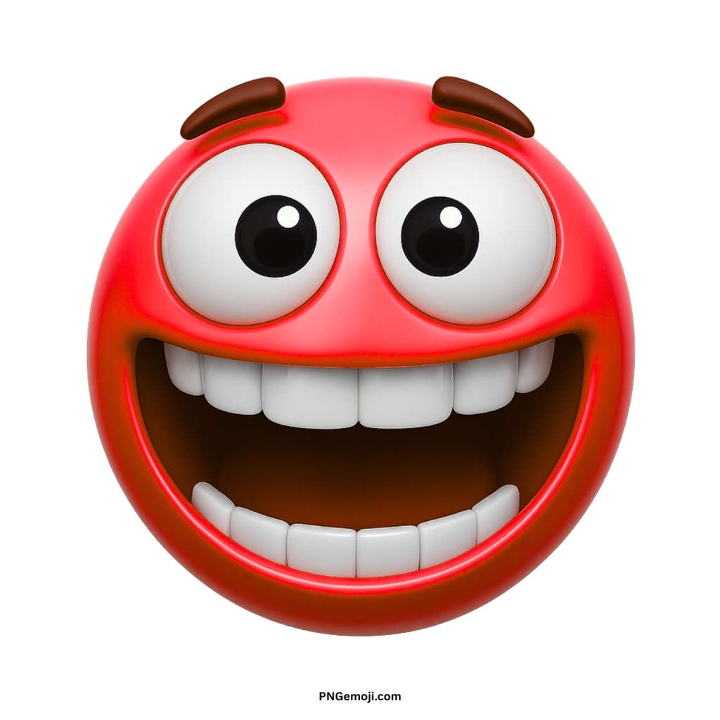 Zany red emoji with wide smile and large cartoon eyes showing playful silly face